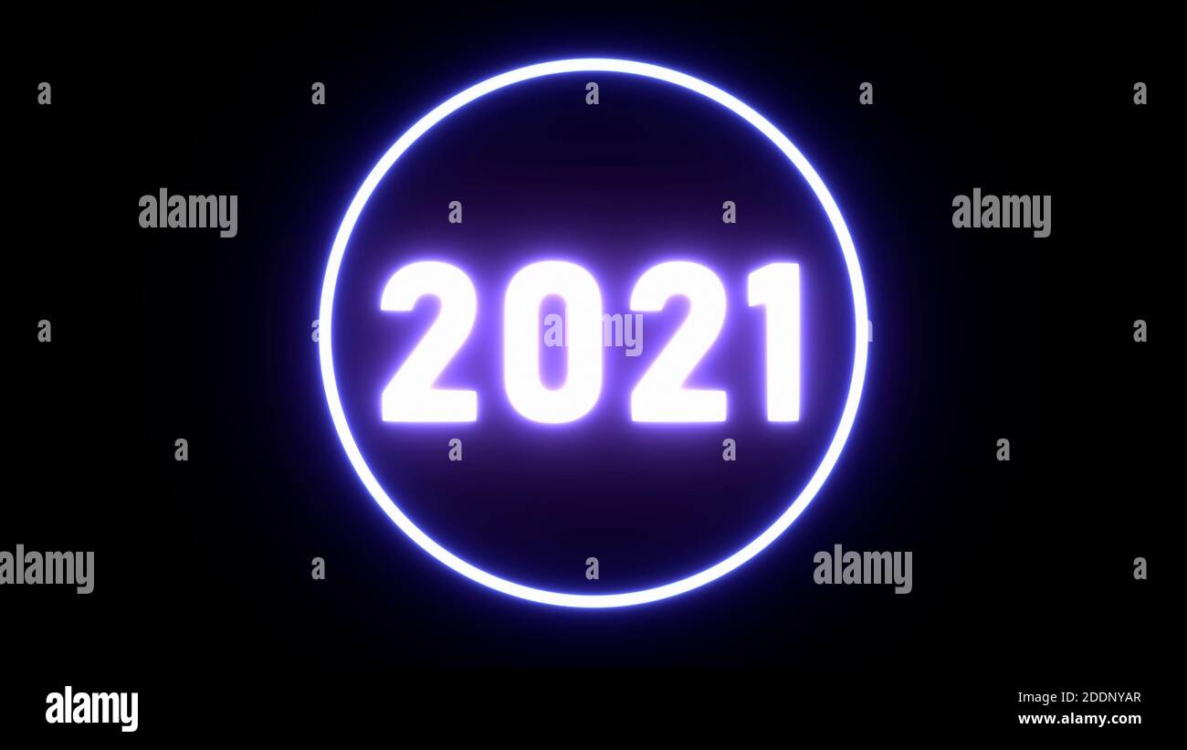 Tema della presentazione Happy New Year 2021, sfondo New Year 2021, testo 3D con luce illuminante, alta qualità 4K, rendering 3D Foto Stock