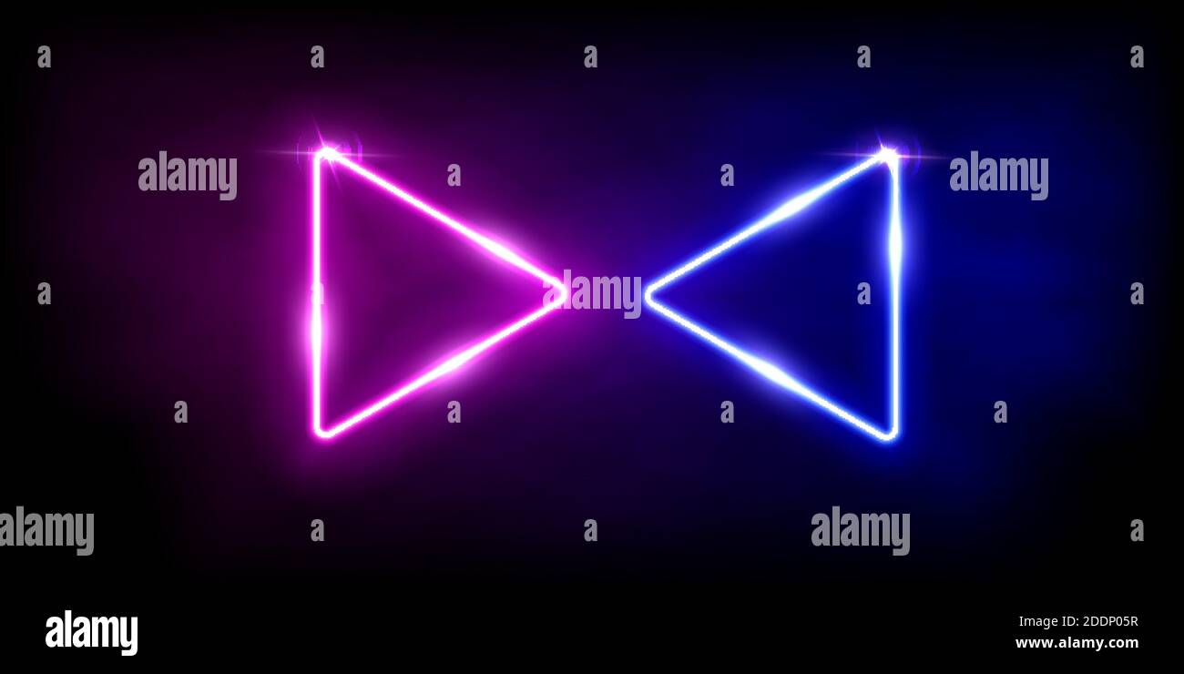 Triangoli di colore rosa e blu al neon. Linee astratte con cornici di luce elettrica su sfondo nero. Illustrazione vettoriale del design geometrico della moda Illustrazione Vettoriale