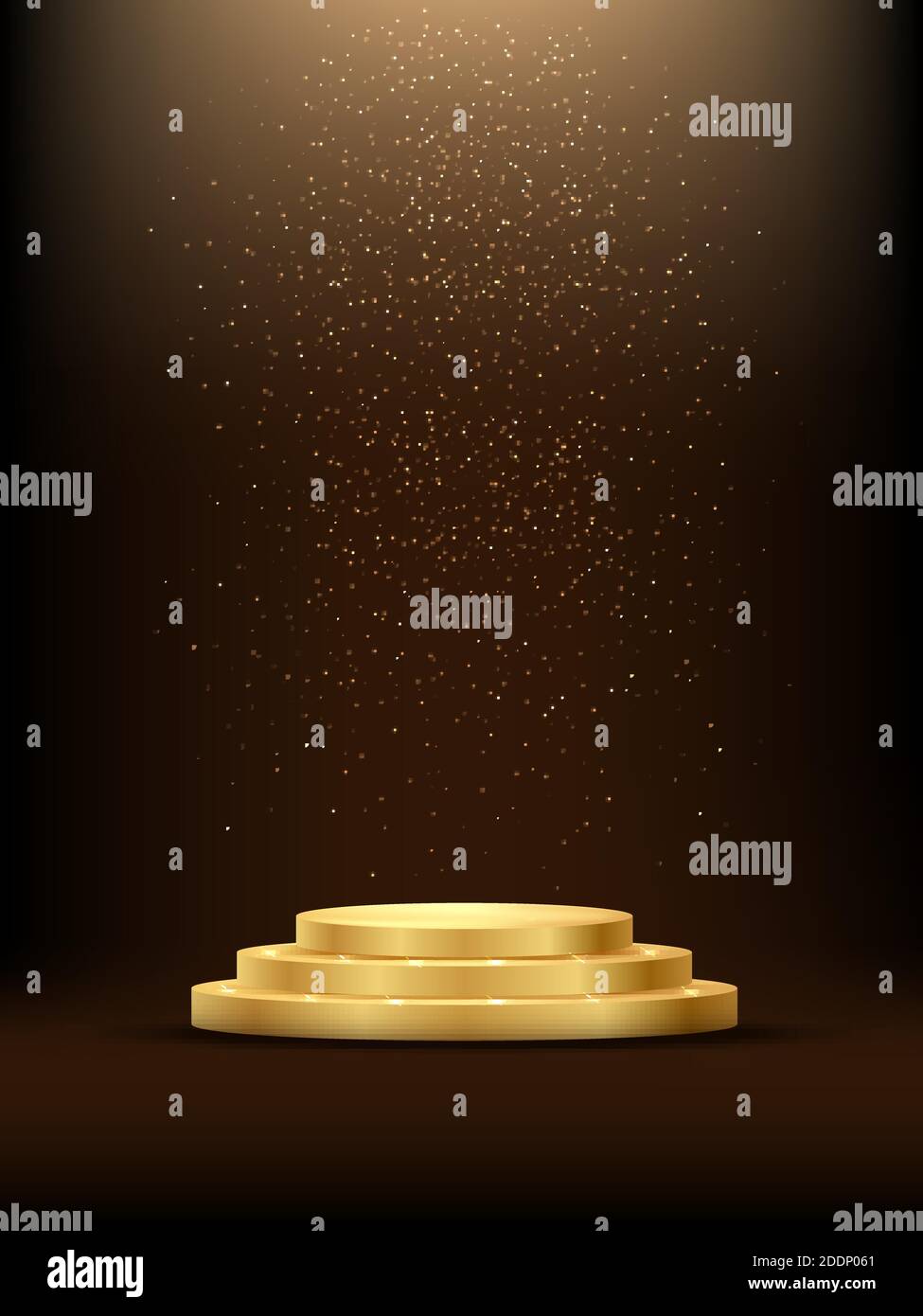 Podio dorato a tre gradini sotto la caduta di glitter oro isolato su sfondo scuro. Illustrazione vettoriale. Illustrazione Vettoriale