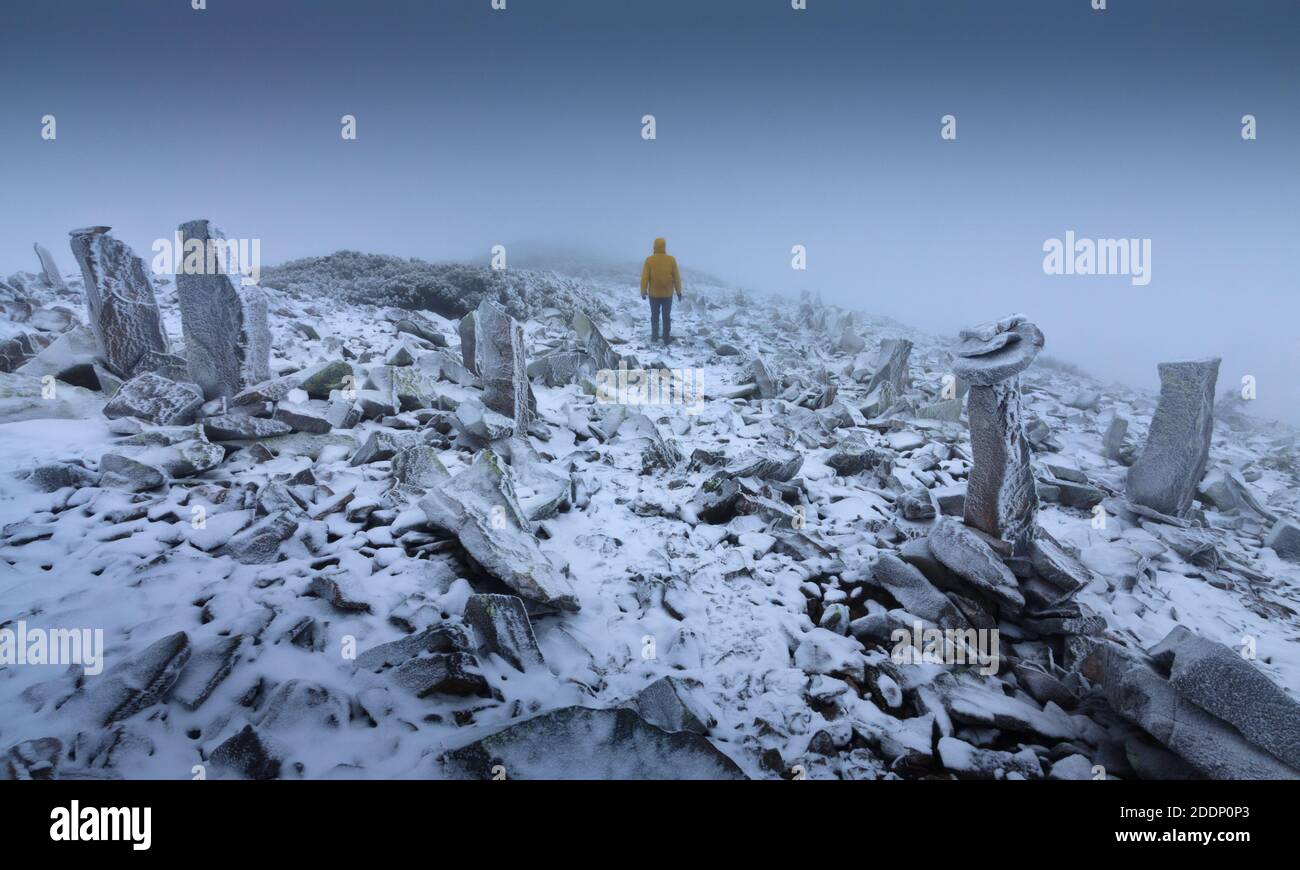 Un solitario vagabondatore in un paesaggio innevato. Solitudine, montagne, inverno, nebbia, neve. Foto Stock
