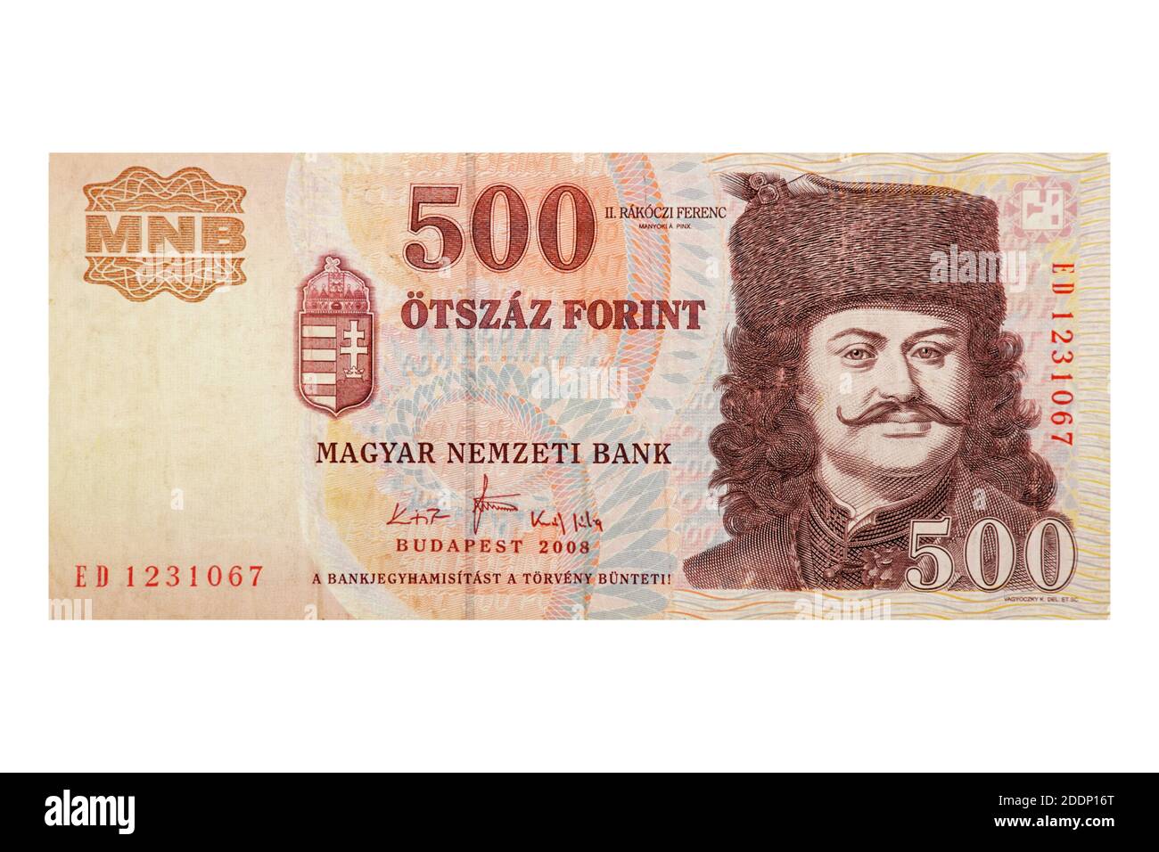 Visione Obveriana delle banconote da 500 Forints ungheresi isolate su a. sfondo bianco Foto Stock