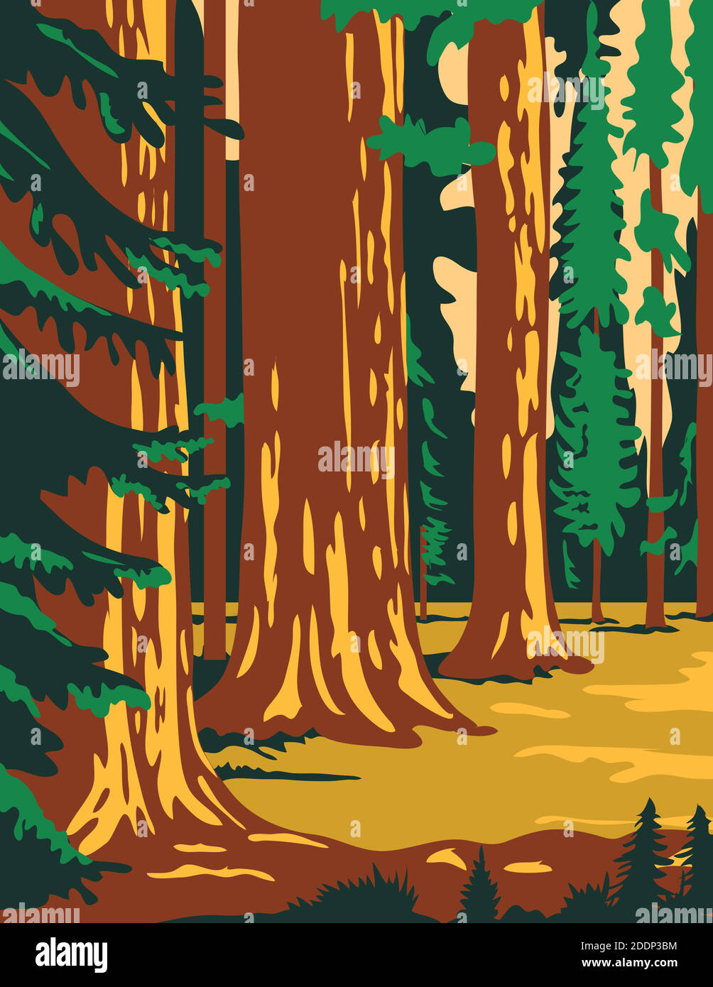 WPA poster art del Sequoia National Park, un parco nazionale americano nella Sierra Nevada meridionale ad est di Visalia, California, Stati Uniti in opere p Illustrazione Vettoriale