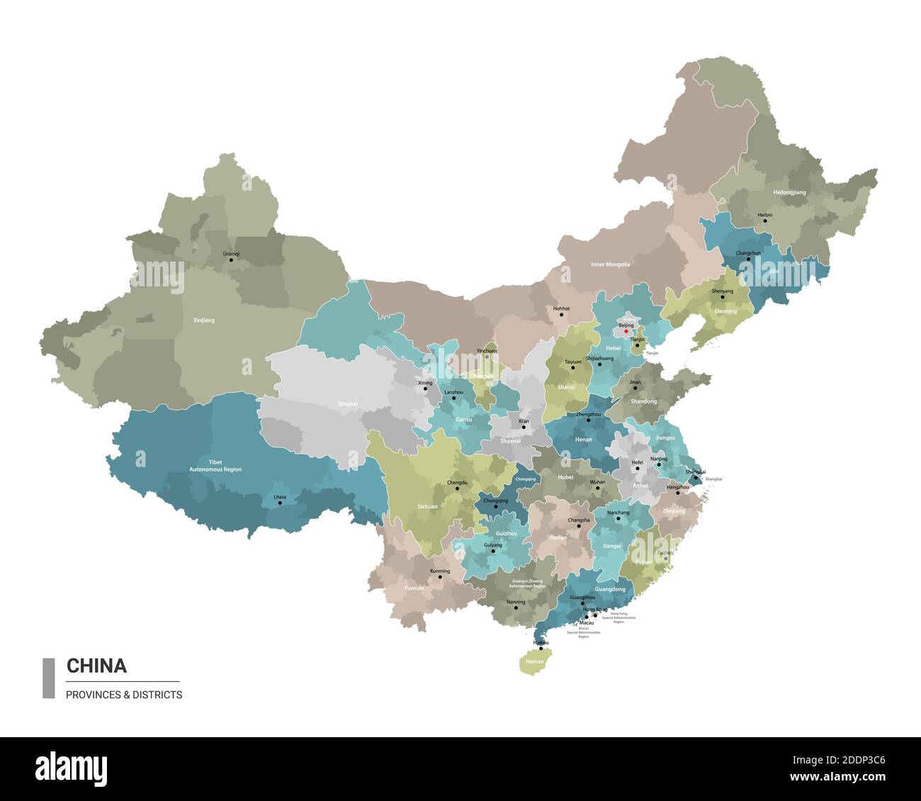 La Cina ha una mappa dettagliata con suddivisioni. Mappa amministrativa della Cina con il nome dei distretti e delle città, colorata per stati e distretti amministrativi. Illustrazione Vettoriale