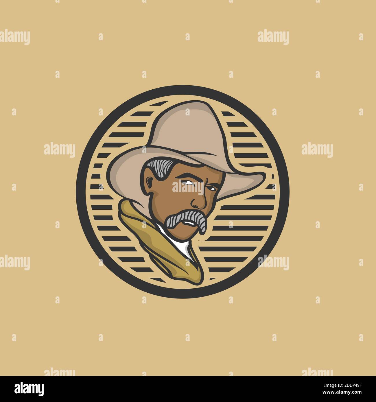 Logo modello con l'immagine dell'uomo in cappello. Cowboy. Sceriffo. Mascotte. Illustrazione Vettoriale
