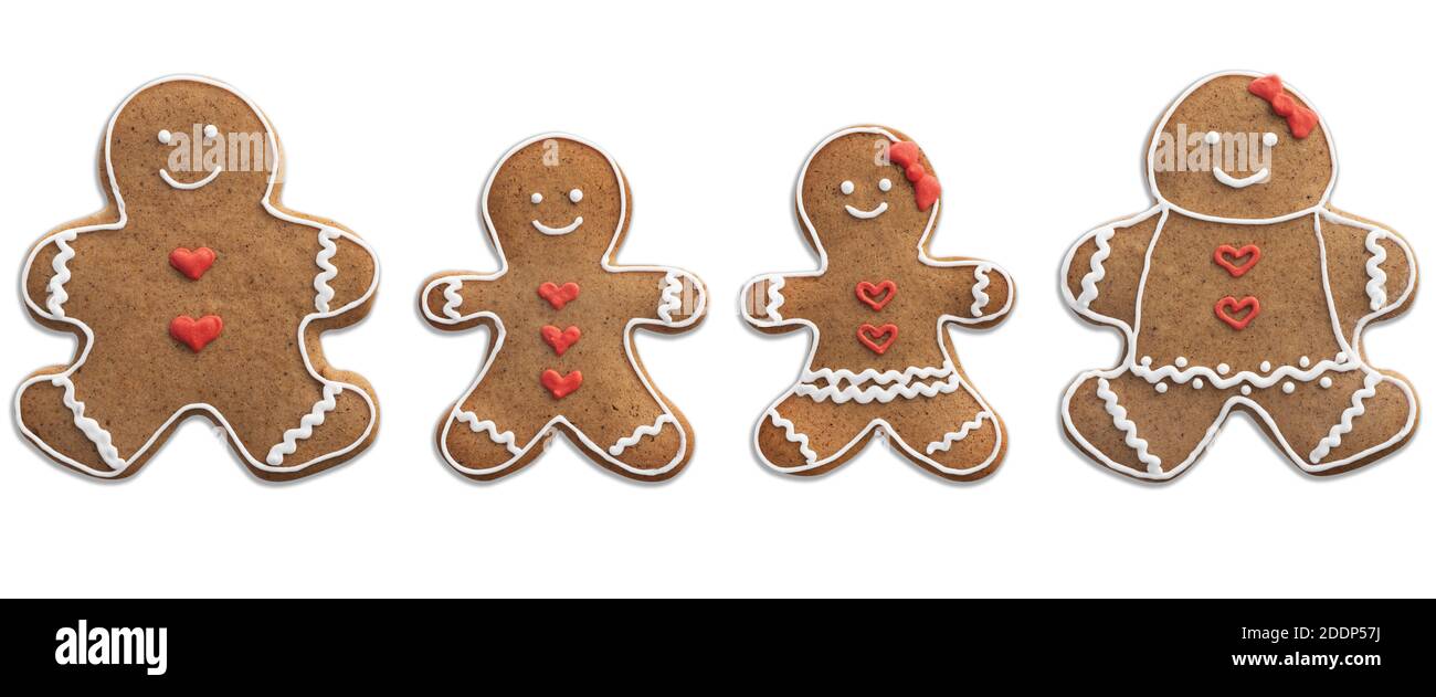 Gingerbread uomo Funny famiglia. Biscotti di Natale decorati. Taglia oggetto isolato su bianco. Foto Stock