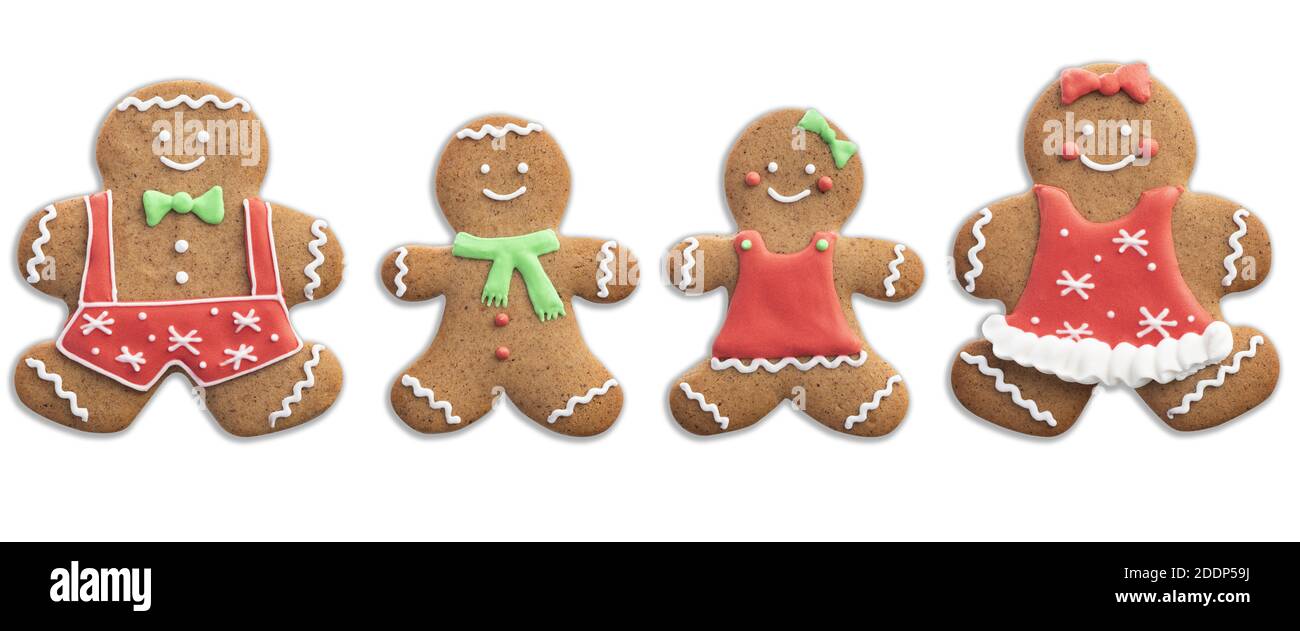 Felice famiglia di uomo di pan di zenzero. Biscotti decorati di Natale. Oggetto isolato su sfondo bianco. Foto Stock
