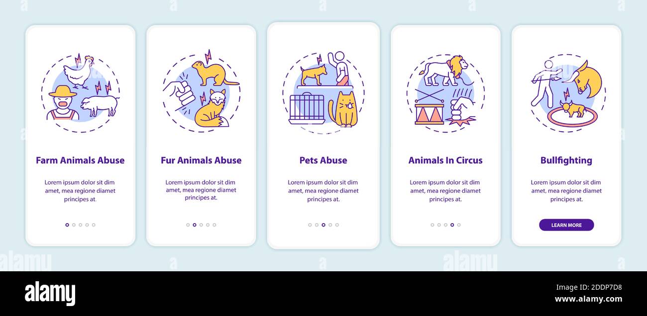 Abuso di animali onboarding pagina app mobile con i concetti Illustrazione Vettoriale