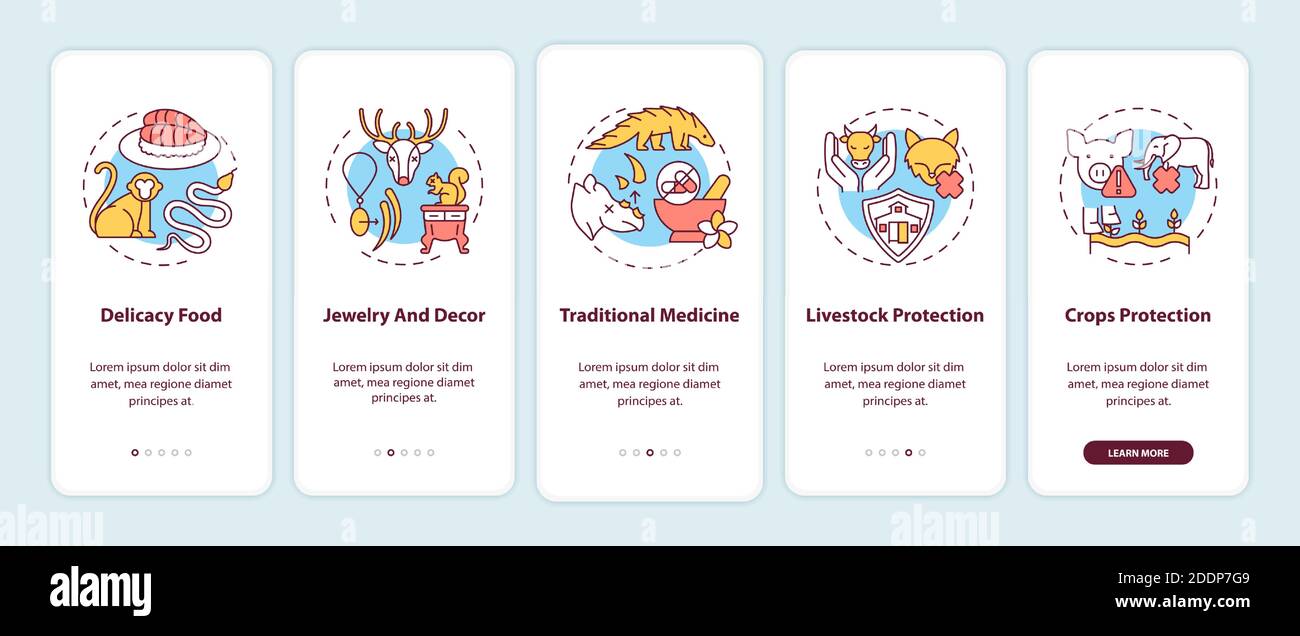 Schermata della pagina dell'app mobile di onboarding per la crudeltà degli animali con concetti Illustrazione Vettoriale