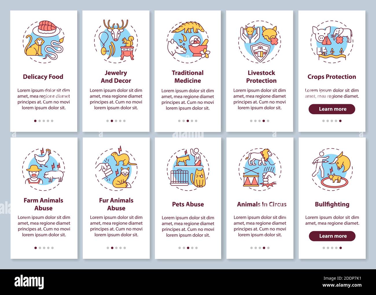 Conservazione della fauna selvatica onboarding pagina app mobile con set di concetti Illustrazione Vettoriale