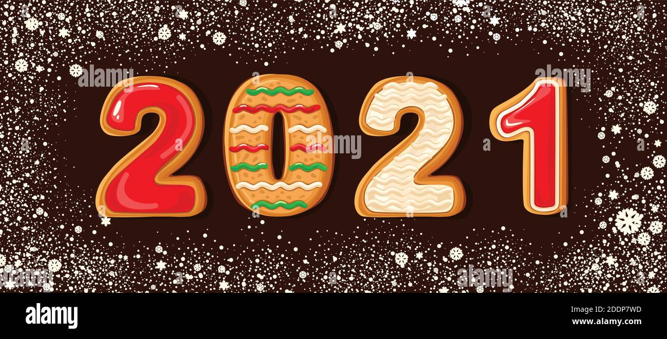 Sfondo di pan di zenzero. Dati dell'anno 2021. Sfondo nevoso. Perfetto per striscioni natalizi, biglietti d'auguri e presentazioni. Illustrazione vettoriale Illustrazione Vettoriale