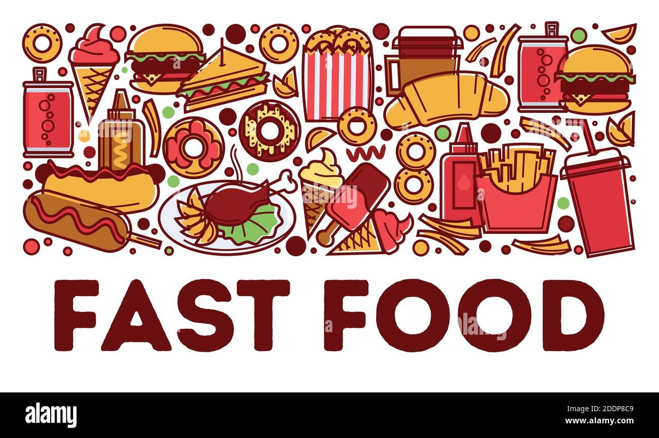 Piatti e bevande fast food, spuntini e bevande Illustrazione Vettoriale