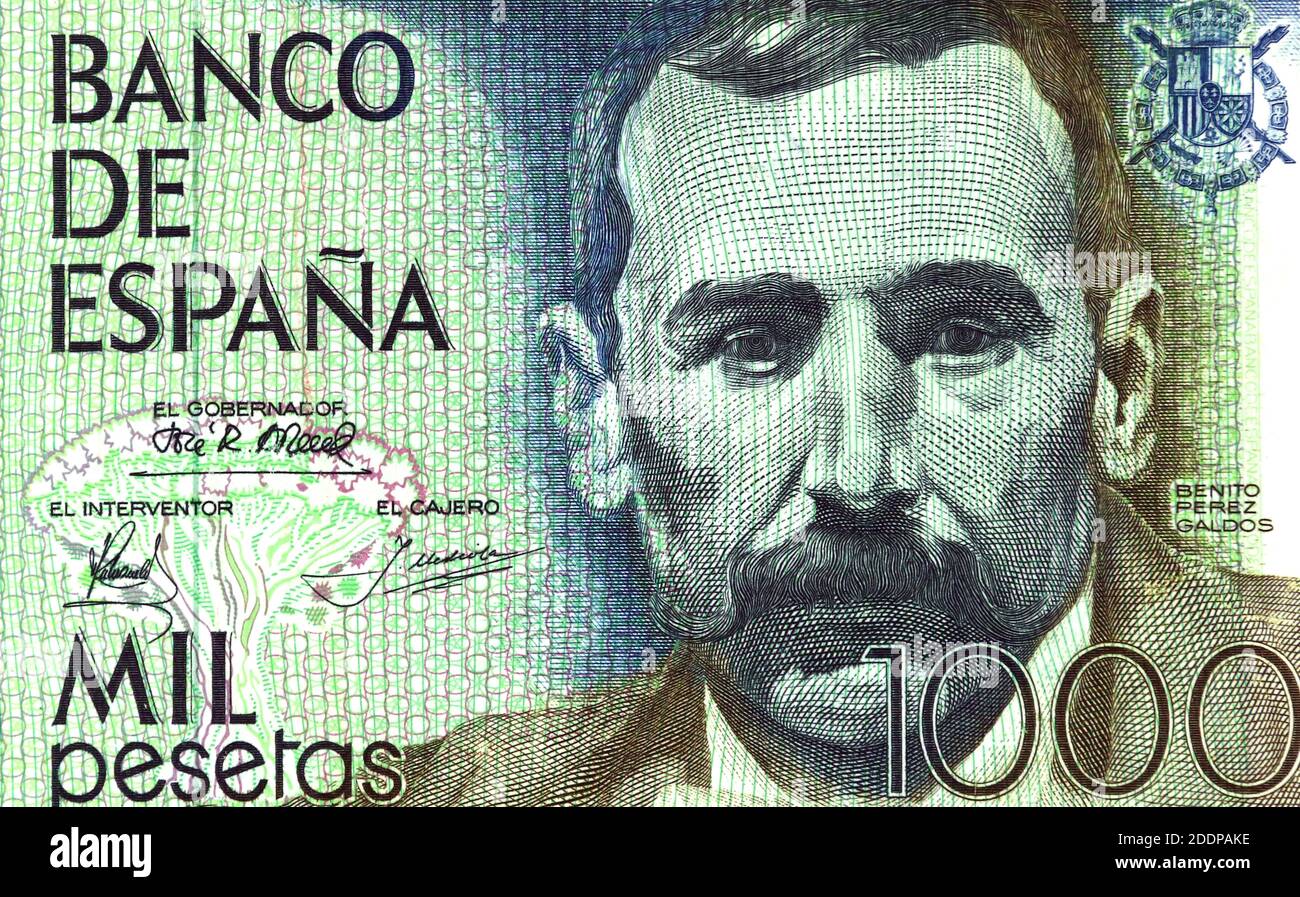 Banca di Spagna 1979, 1000 pesetas banconota Benito Perez Galdos, vendemmia, dettaglio del ritratto Foto Stock