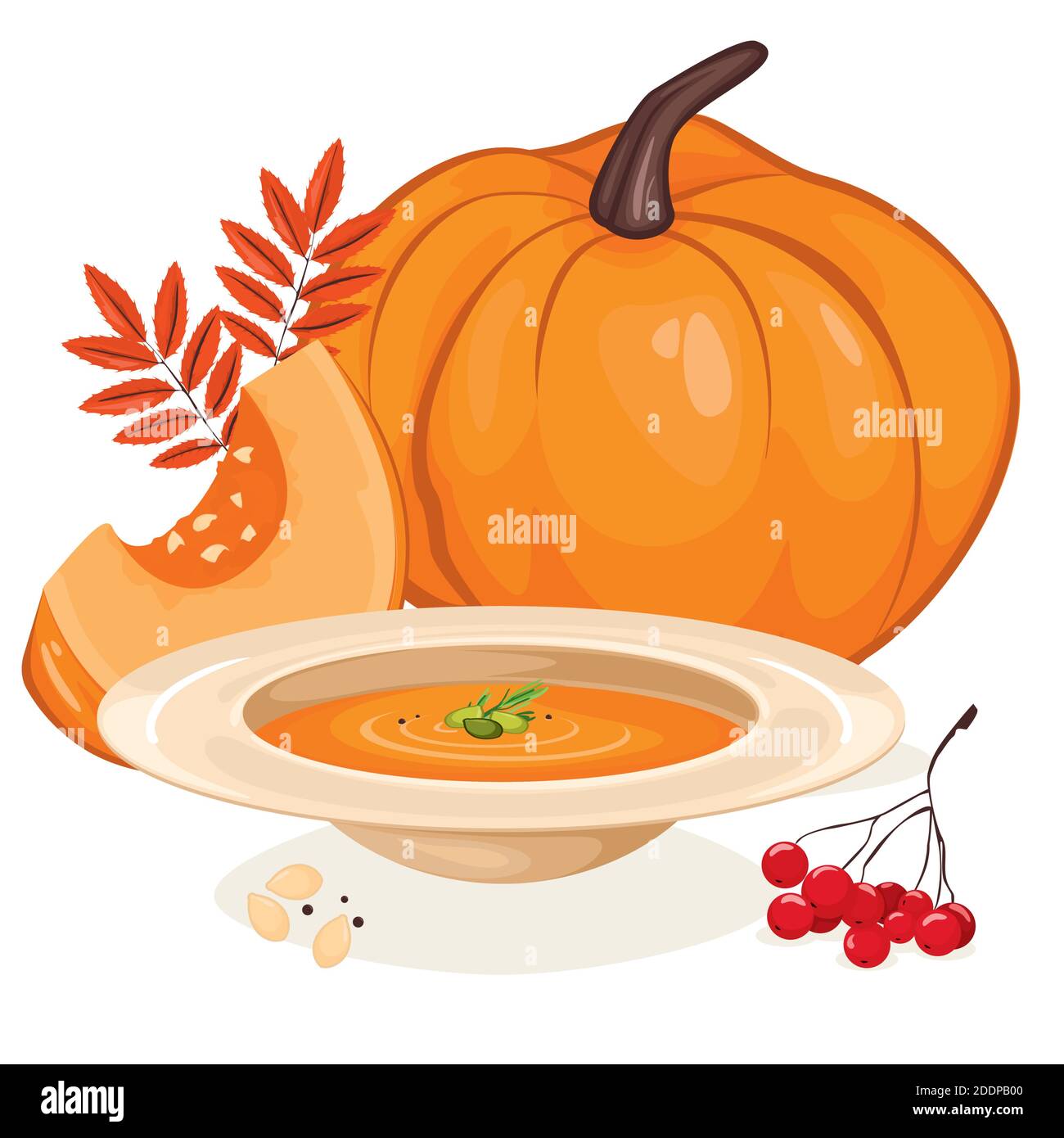 Zuppa di zucca e zucca, molte bacche rosse di rowan con foglie arancioni d'autunno, illustrazione vettoriale su sfondo bianco Illustrazione Vettoriale