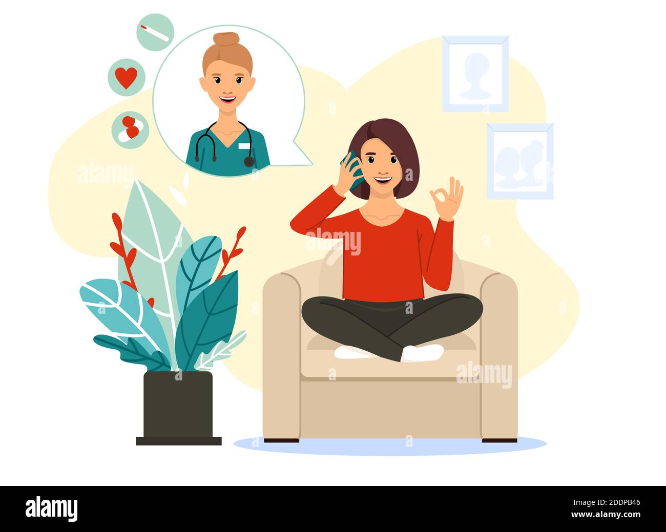 La donna chiama il medico. Consultazione medica online. Appuntamento ospedaliero per videochiamata, covid-19, trattamento domiciliare. Illusione vettoriale in stile piatto Illustrazione Vettoriale