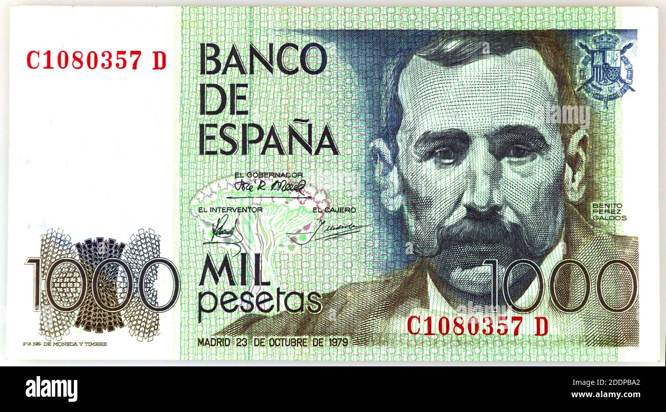 Banca di Spagna 1979, 1000 pesetas banconota Benito Perez Galdos, vendemmia Foto Stock