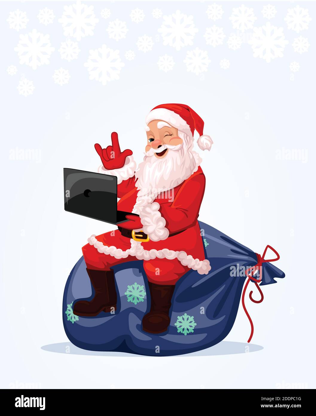 Babbo Natale si siede su una borsa con un computer portatile, effettua ordini online per regali. Illustrazione Vettoriale
