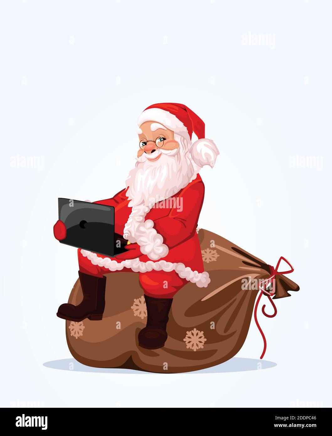 Allegro Babbo Natale, sorridente personaggio cartoon, festa di Natale, sullo sfondo, seduto su una borsa con un portatile. Illustrazione Vettoriale