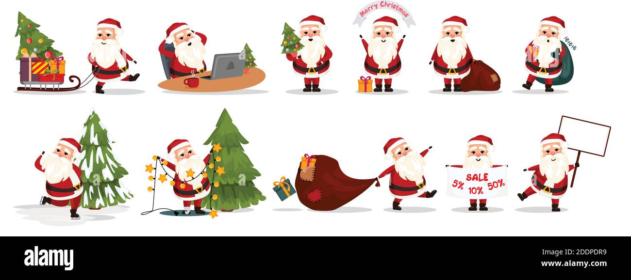Serie di illustrazioni di Babbo natale con pose diverse. Adesivi, Capodanno e Natale Illustrazione Vettoriale