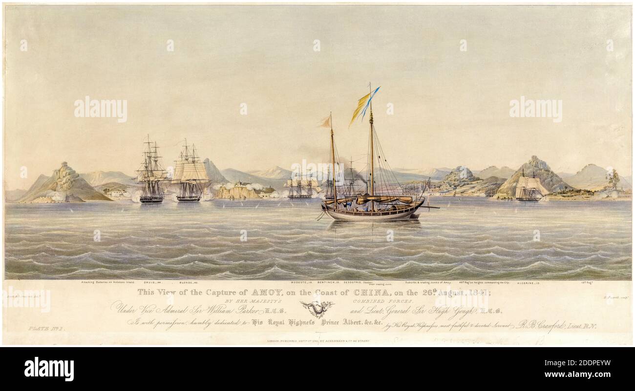 Prima guerra dell'Opium: Vista della cattura di Amoy sulla costa della Cina il 26 agosto 1841, stampa di Henry Papprill dopo il capitano RB Crawford, 1844 Foto Stock