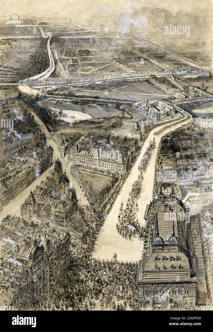 Veduta aerea della Processione funeraria della Regina Vittoria, 2 febbraio 1901, disegno di Henry William Brewer, 1902 Foto Stock
