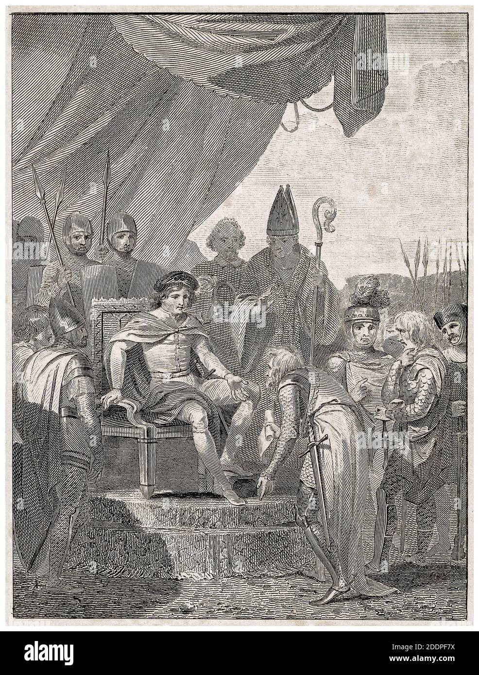 Magna carta ha presentato al re Giovanni a Runnymede il 15 giugno 1215, incisione di Anker Smith dopo Robert Smirke, 1811 Foto Stock