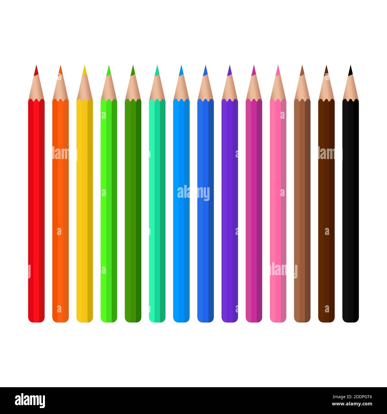 Matite colorate modello di disegno, clipart o layout per la grafica. Argomenti di educazione scolastica e dei bambini. Matite arcobaleno in un pacchetto con un vento Illustrazione Vettoriale