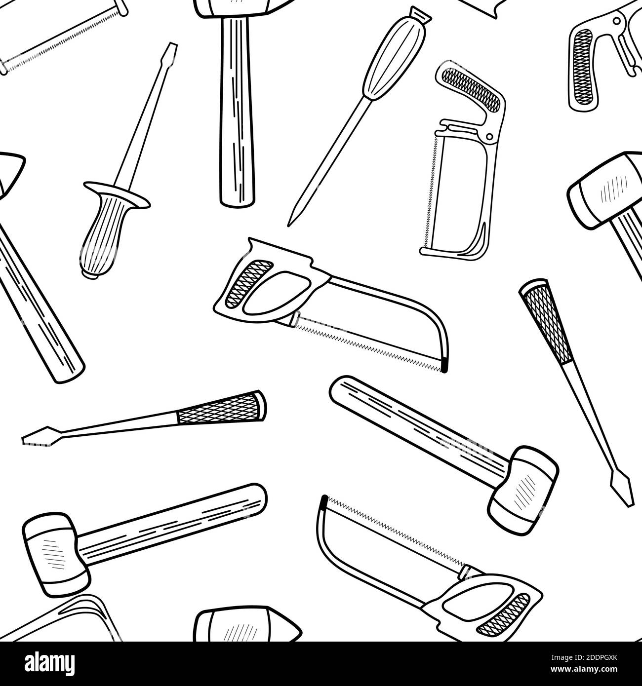 Modello senza giunture con strumenti di lavoro disegnati a mano. Raccolta di attrezzi manuali. Cartone fatto a mano con vari elementi di schizzo: Martello, sega, cacciavite. Illustrazione Vettoriale