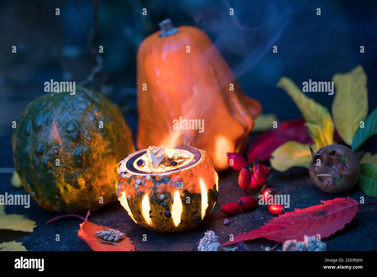 Fumare con erbe aromatiche in una zucca con una luce del tè, Germania Foto Stock