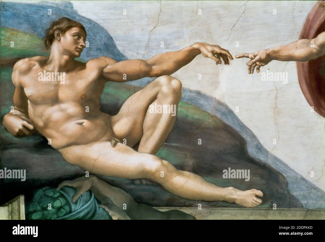 La creazione di Adamo. Particolare (soffitto della Cappella Sistina in Vaticano). Foto dopo il restauro. Musei: La Cappella Sistina, Vaticano. Autore: MICHELANGELO BUONARROTI. Foto Stock