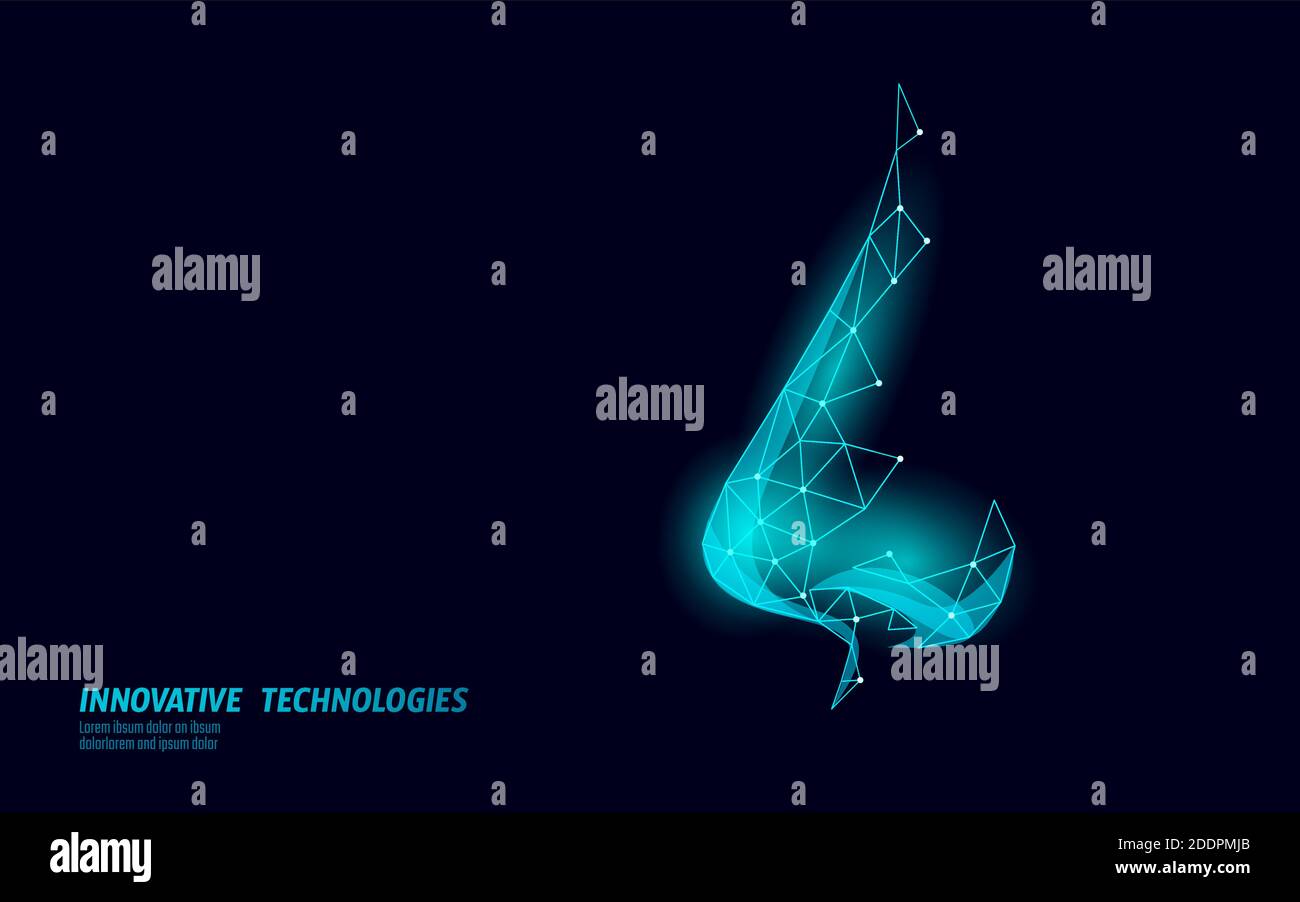 Rinite naso basso poli . Medicina di trattamento coryza. Farmacia naso che cola spray. Illustrazione vettoriale del modello di banner di progettazione poligonale Illustrazione Vettoriale