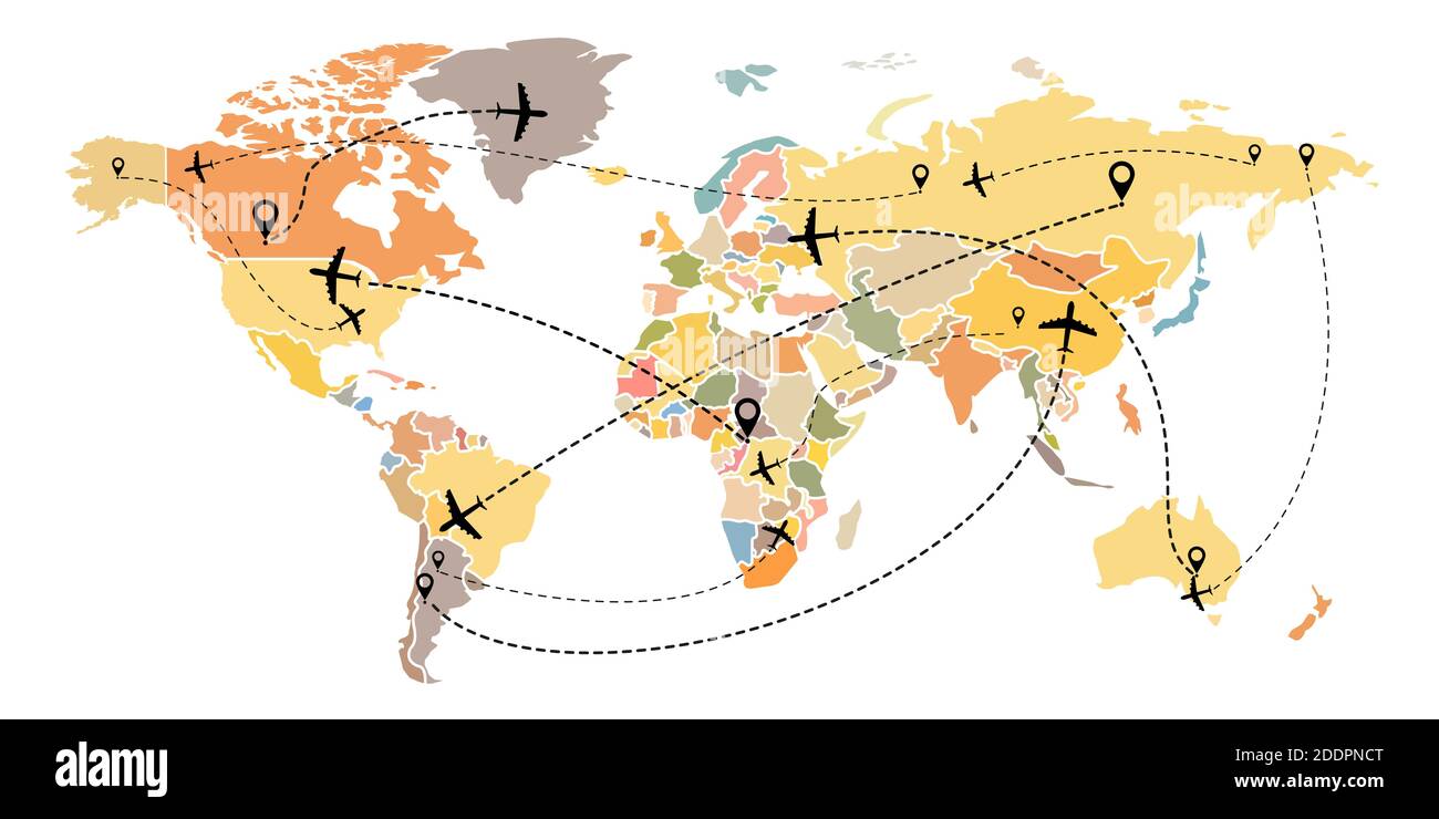 Volo aereo su mappa del mondo. Volo lineare dell'aeromobile con i punti di partenza e le tracce della linea tratteggiata. Stile piatto. Isolato su un whit Illustrazione Vettoriale