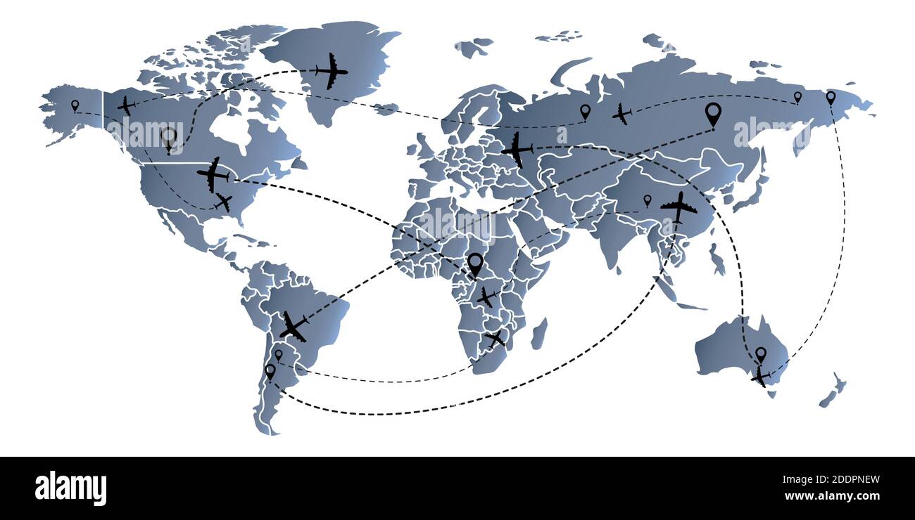 Volo aereo su mappa del mondo. Volo lineare dell'aeromobile con i punti di partenza e le tracce della linea tratteggiata. Stile piatto. Isolato su un whit Illustrazione Vettoriale