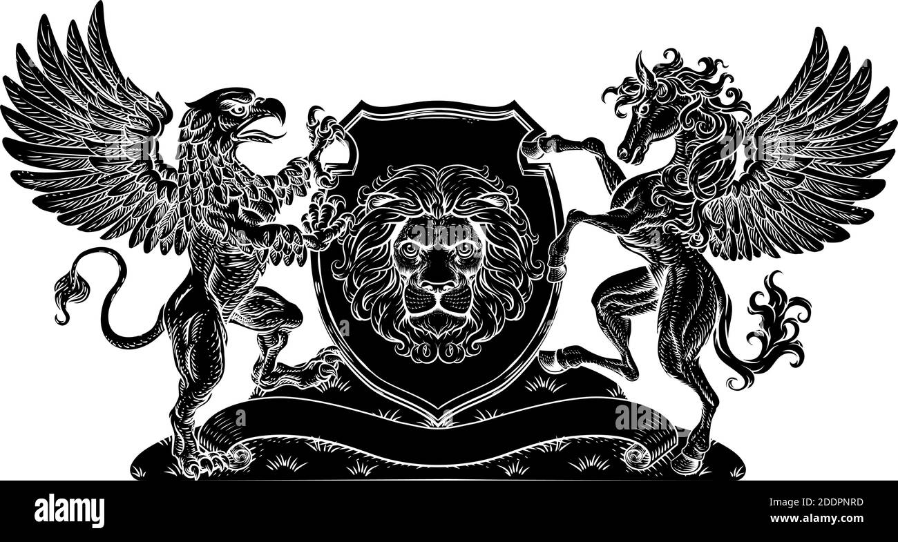 Stemma Crest Griffin Pegasus Lion Shield Illustrazione Vettoriale