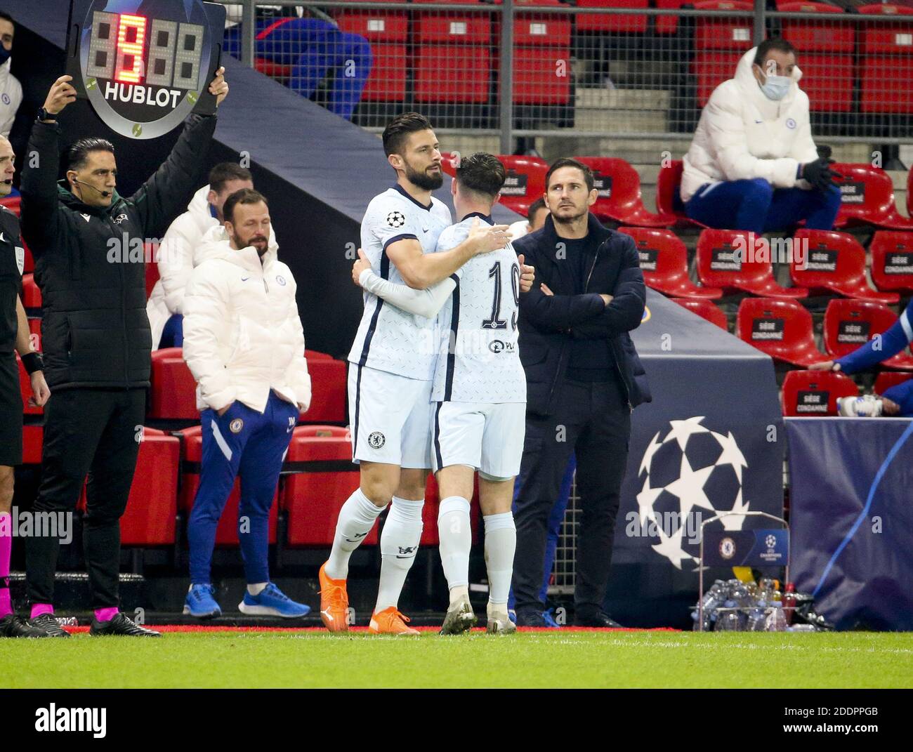 Olivier Giroud di Chelsea, Monte Mason di Chelsea, allenatore di Chelsea Frank Lampard durante la UEFA Champions League, Gruppo e Foot / LM Foto Stock