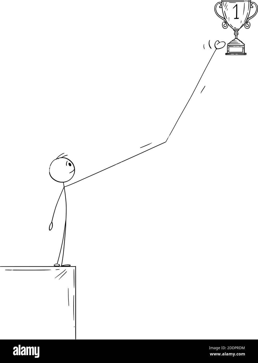 Figura del cartoon vettoriale del bastone illustrazione di uomo o uomo d'affari che supera l'ostacolo sulla strada per il successo o la vittoria della tazza e che prende il premio, il premio, il trofeo o la ricompensa. Illustrazione Vettoriale