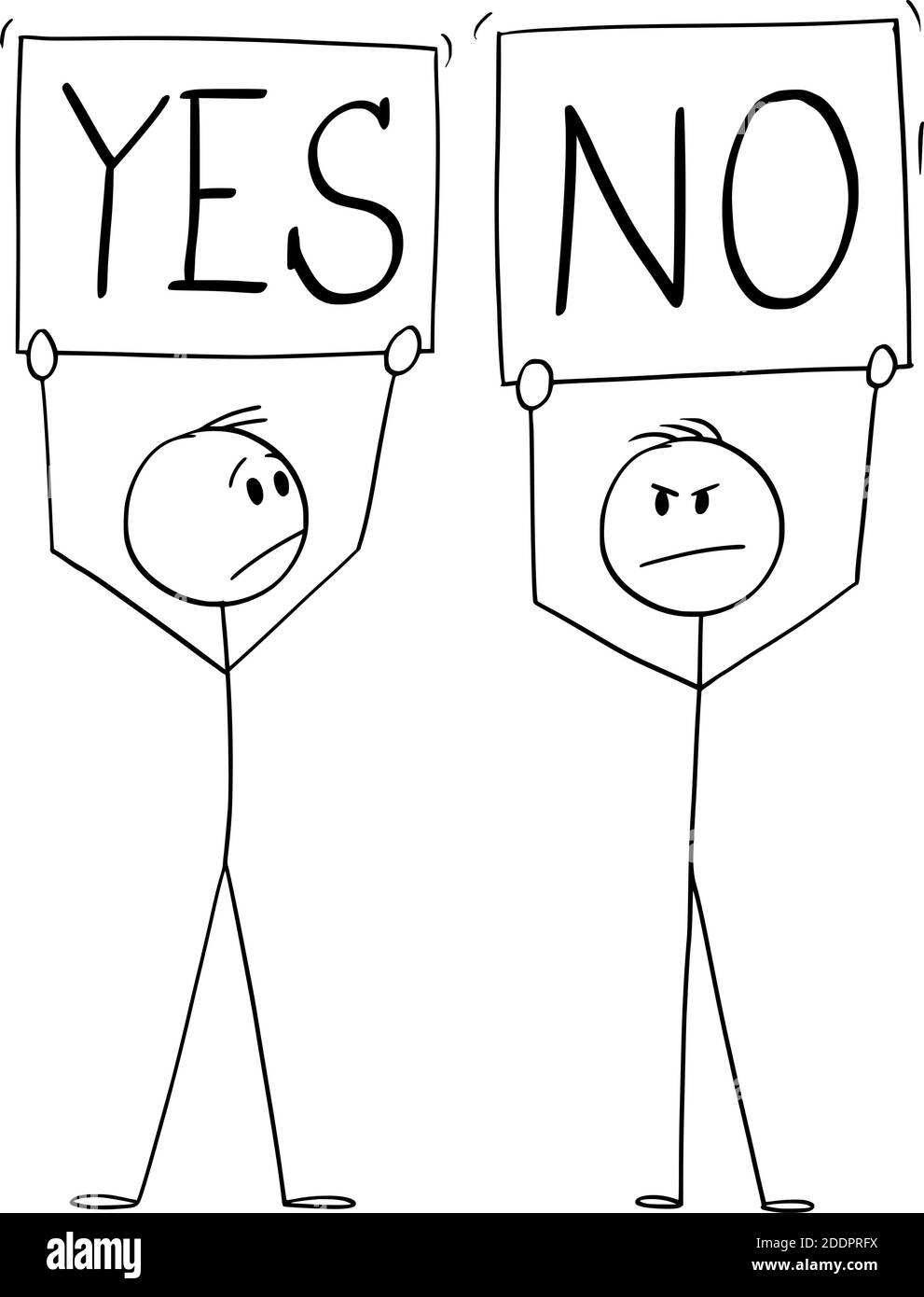 Figura del cartoon vettoriale di figura di uomo positivo che tiene il segno di sì e negativo che rifiuta l'uomo che non tiene la tavola. Illustrazione Vettoriale