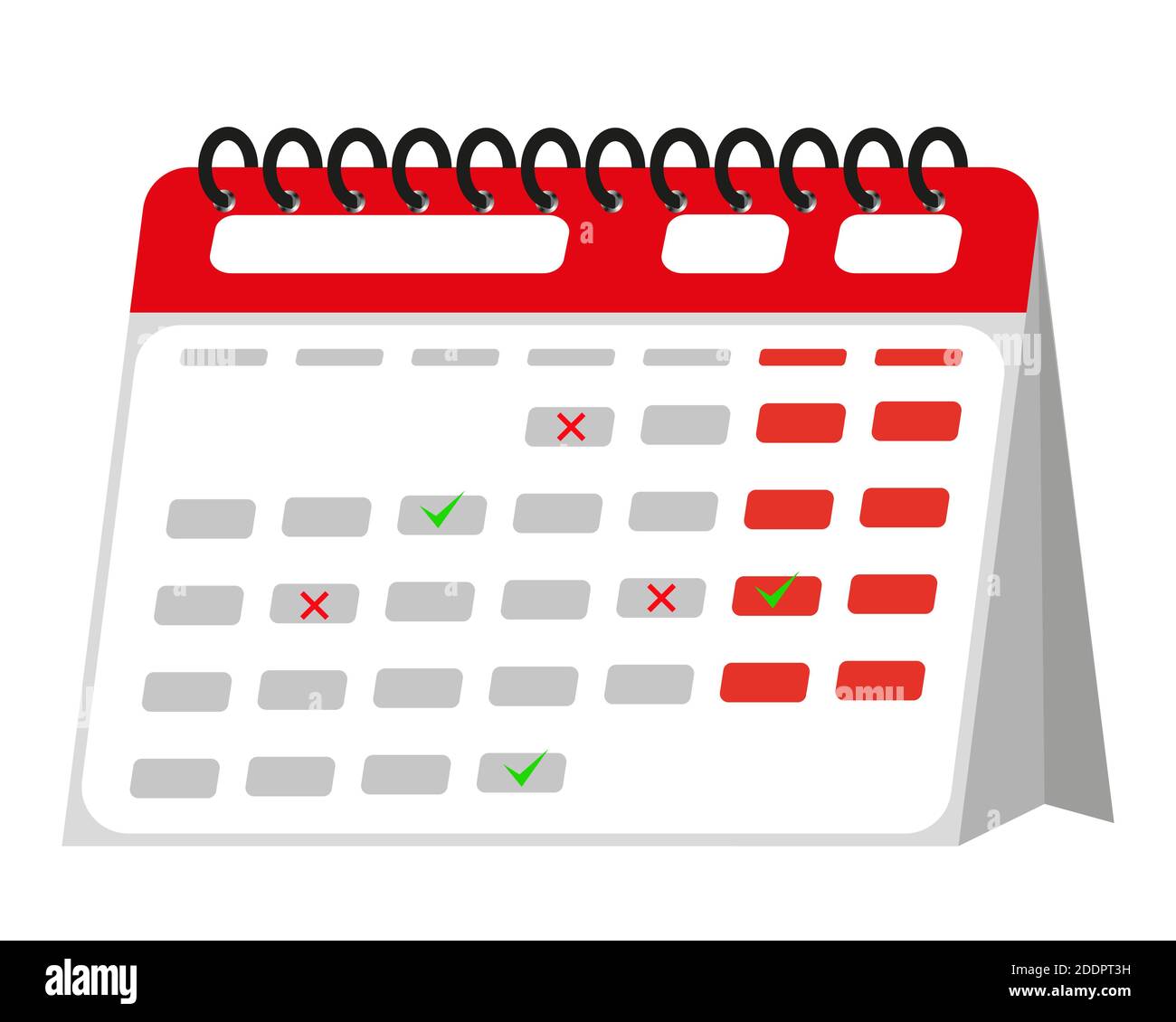 Calendario dei documenti da tavolo in stile isometrico su sfondo bianco. Con un segno di spunta e una croce. Immagine a colori piatta del calendario di cancelleria. Illustrazione vettoriale Illustrazione Vettoriale