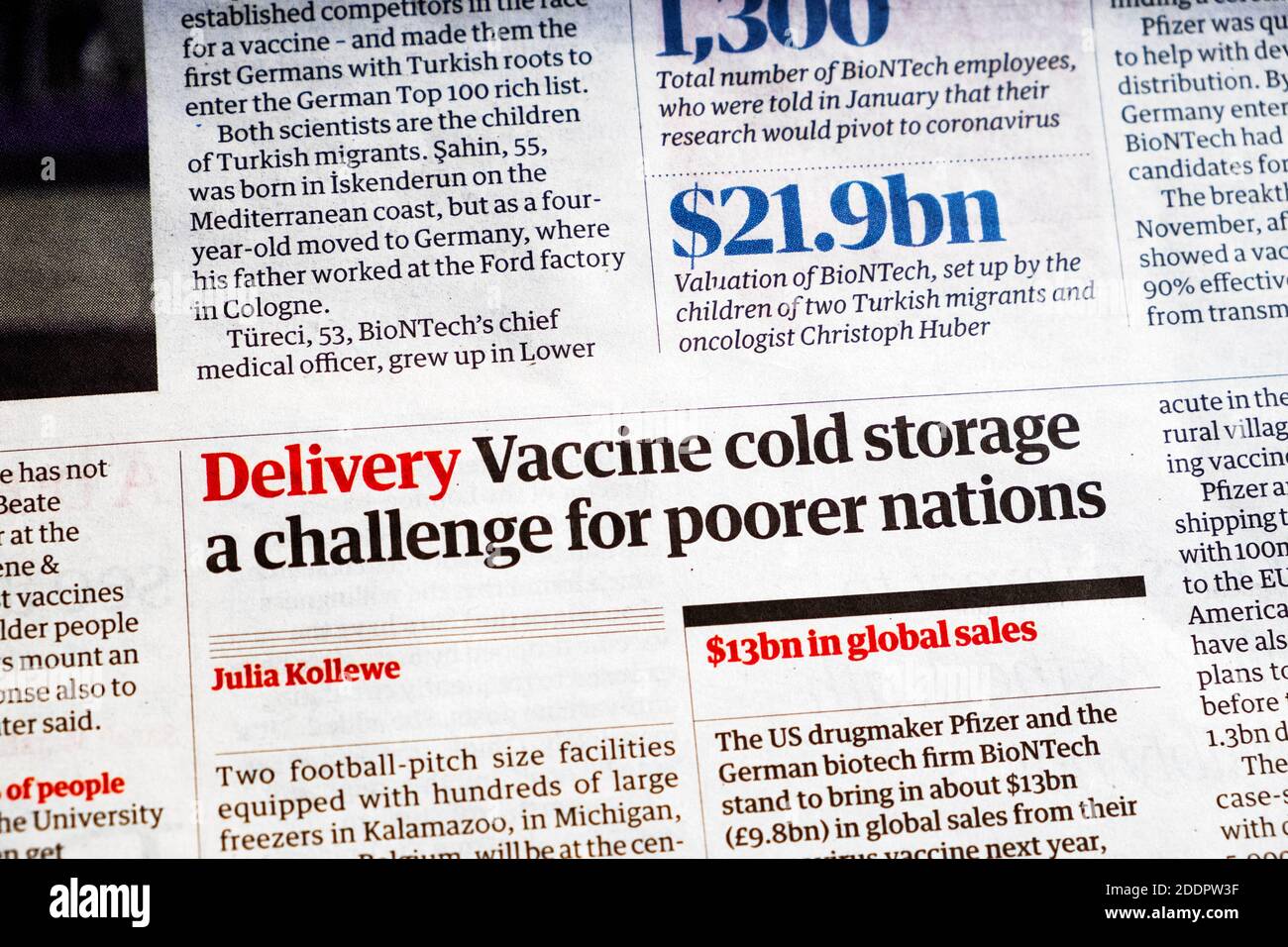 "La conservazione a freddo di vaccini di deliveny una sfida per le nazioni più povere" Covid-19 Notizie sui vaccini nei titoli dei giornali Londra Inghilterra Regno Unito 10 novembre 2020 Foto Stock