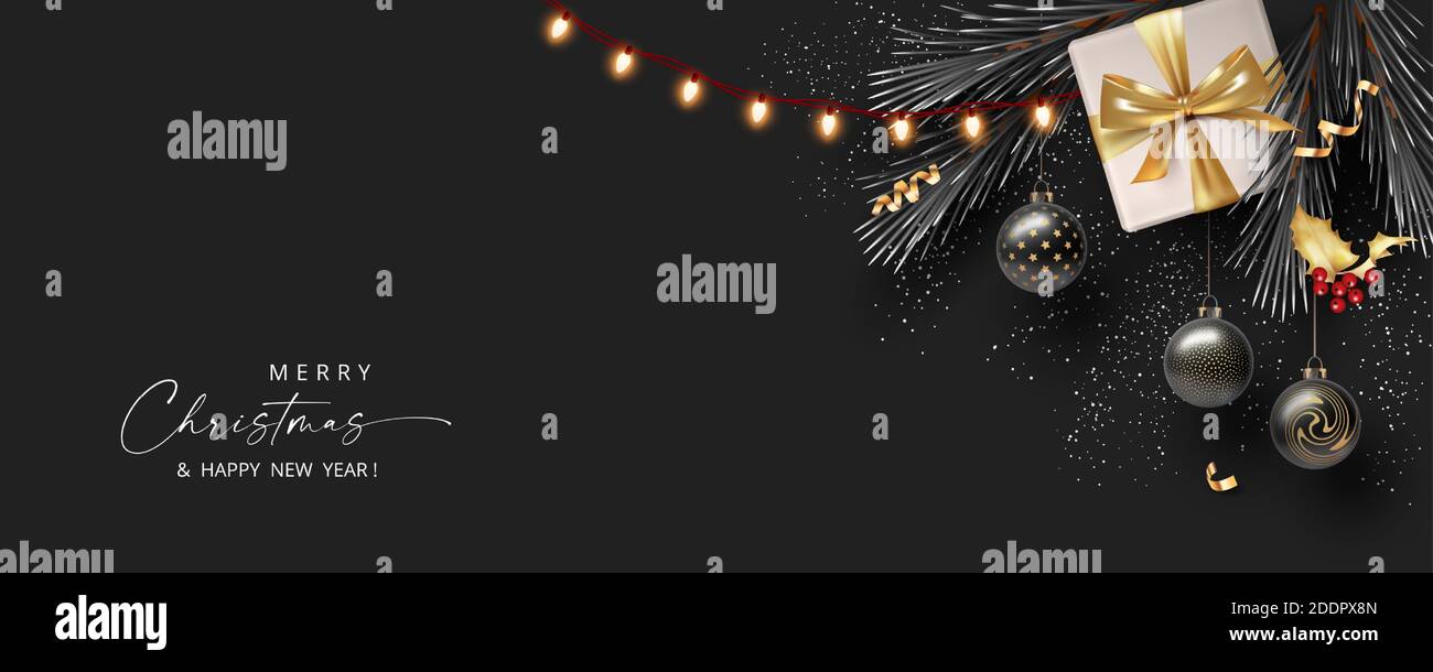 Banner realistico di Natale e Capodanno. Design xmas di scatola da regalo realistica, rami di abete nero e palle Illustrazione Vettoriale