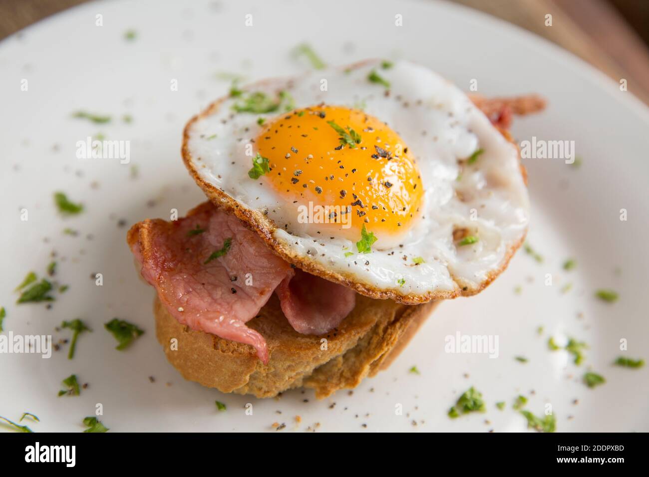 Un uovo d'anatra libero gamma acquistato da una scatola di onestà fattoria che è stato fritto e servito su pane di pasta fatta in casa con pancetta alla griglia. Condito con blac Foto Stock