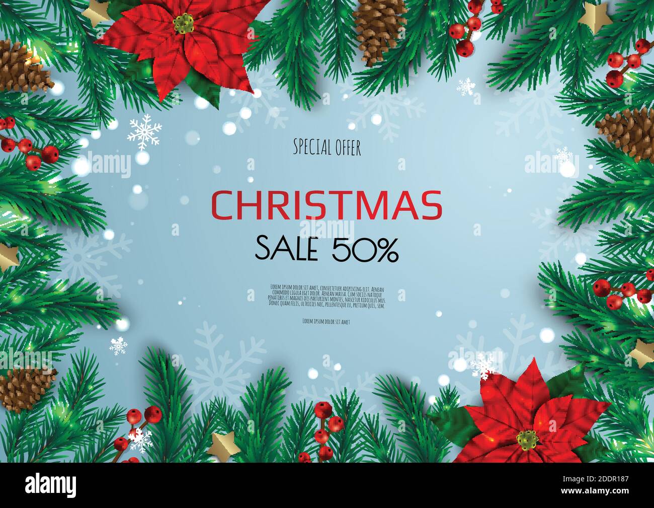 Buon Natale e Felice Anno Nuovo. Sfondo xmas con poinsettia, Snowflakes, stella e palline design. Illustrazione Vettoriale