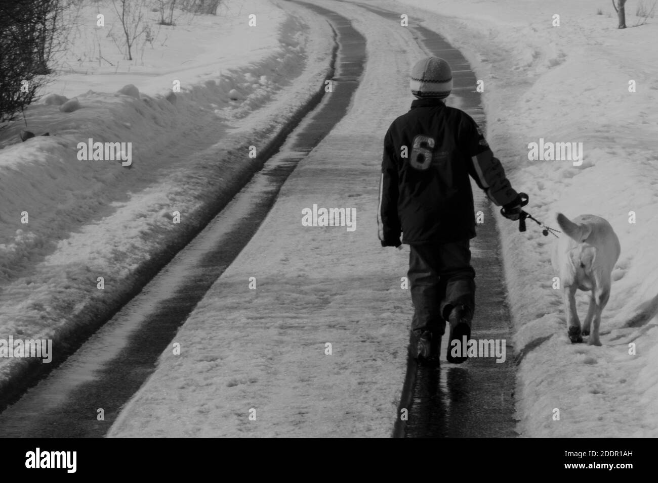 Un ragazzo che cammina lungo una strada innevata con il suo cane in inverno Foto Stock