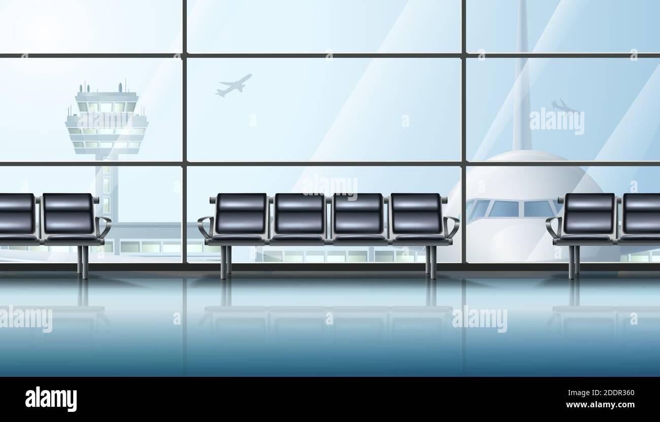 area d'attesa realistica del terminal aeroportuale vettoriale, con grandi finestre e aeroplani e sedie per l'attesa. Illustrazione Vettoriale