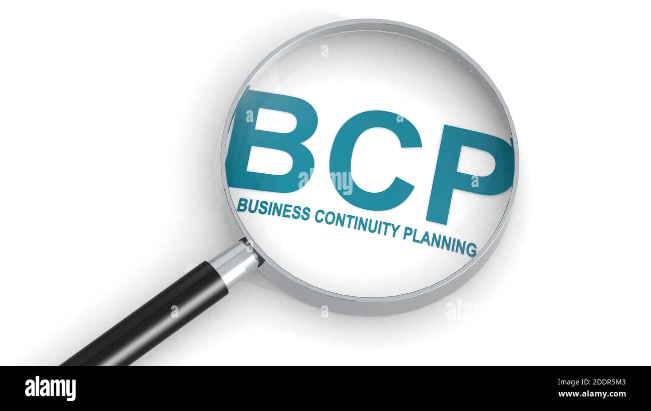 BCP, business continuity planning, word under Magnifying Glass, rendering 3d Foto Stock