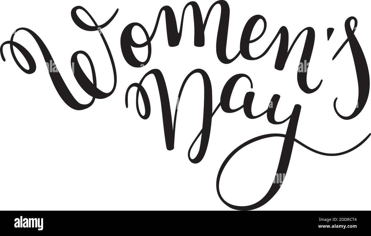 Scritta Hand Women's Day con cuori. Giornata internazionale della donna. Modello biglietto d'auguri, poster. Illustrazione Vettoriale
