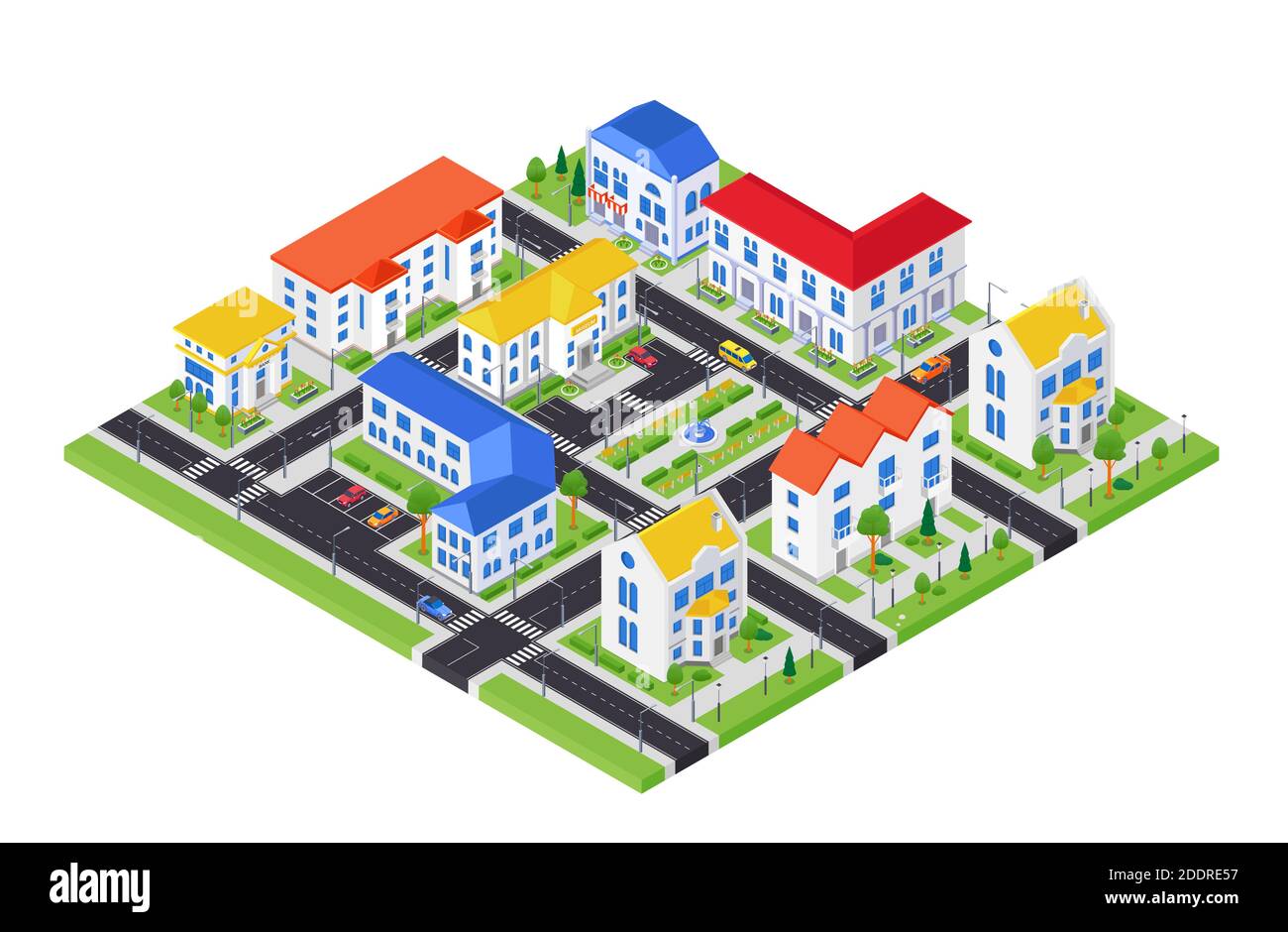 Architettura della città - moderno vettore colorato illustrazione isometrica. Paesaggio urbano con case appartamento, strada con auto, piazza con una fontana. Reale Illustrazione Vettoriale