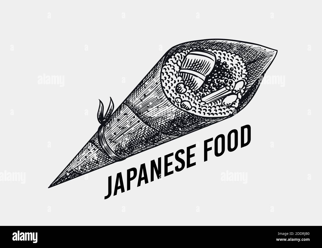Cibo giapponese. Sushi bar o Temaki roll. Illustrazione vettoriale per ristorante asiatico. Schizzo inciso disegnato a mano per menu. Stile monocromatico. Vettore Illustrazione Vettoriale