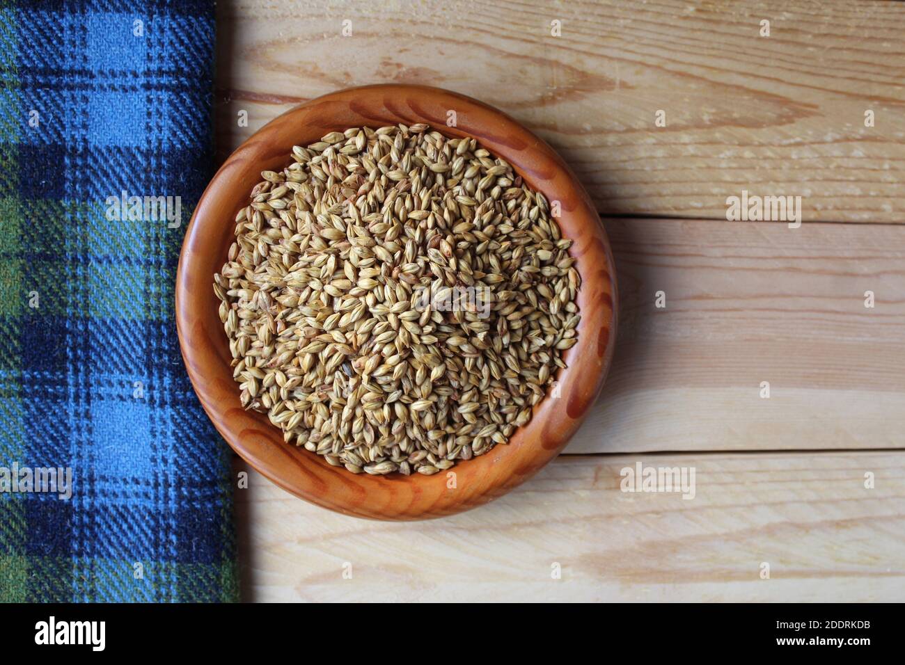 Vista piatta di una ciotola di legno piena di grani di orzo maltato, un ingrediente principale nella birra e nella distillazione del whisky. Con tartan tablec scozzese blu Foto Stock