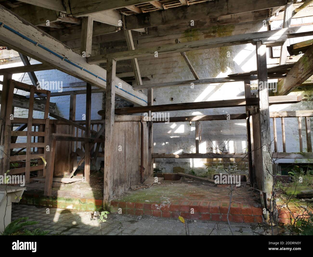 All'interno della vecchia fattoria dilapidati edificio vigliato pareti bianche pietra e. pavimenti in mattoni divisori e travi in legno Foto Stock