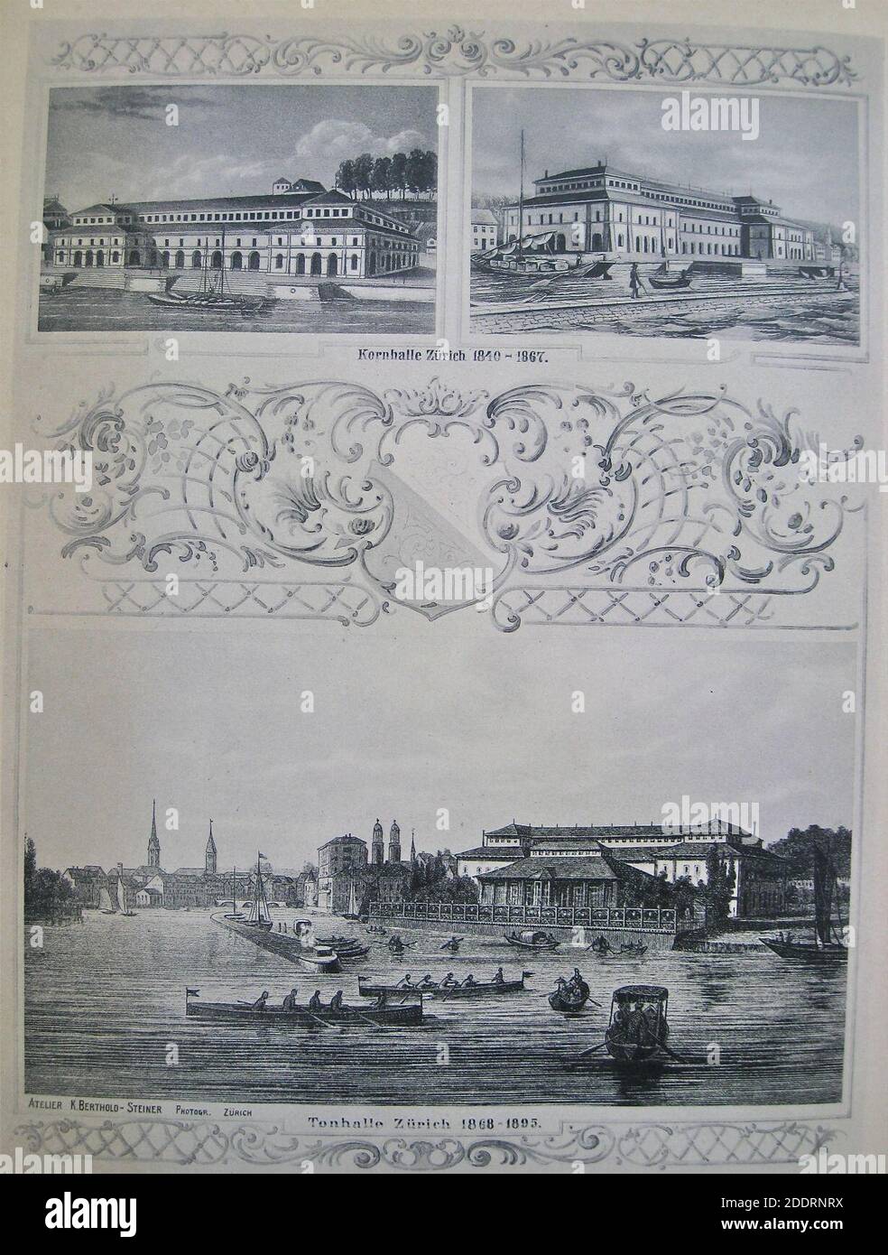 Kornhalle Zürich, Konzertsaal 1840-1867 auf dem heutigen Sechseläuten-Platz (oben); die dortige ‘Alte Tonhalle‘, 1868-1895 (unten). Foto Stock